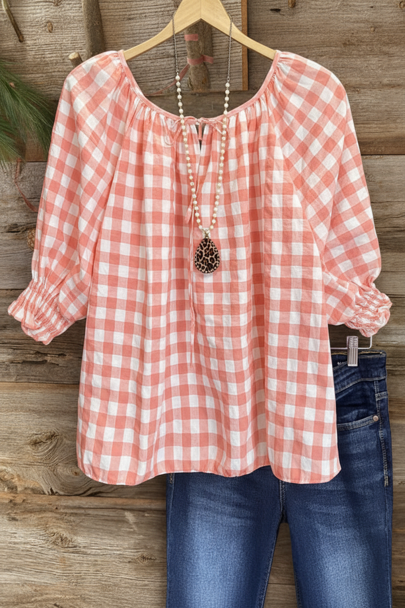 珊瑚粉格纹上衣
