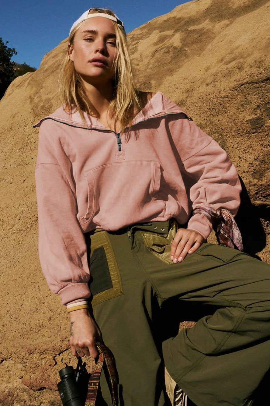 Color Block Half Zip Drawstring Hoodie