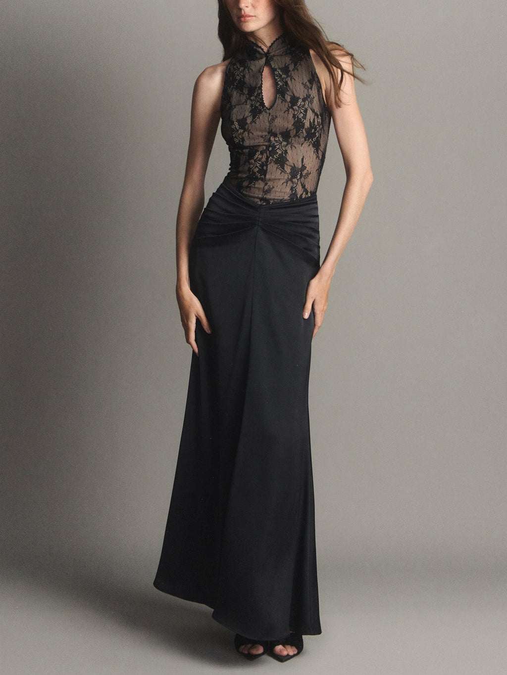 Black Sheer Lace Ruffle Maxi Dress