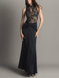 Black Sheer Lace Ruffle Maxi Dress