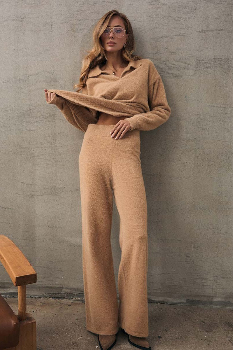 Faux Fur Polo Sweater Wide Leg Pants Set