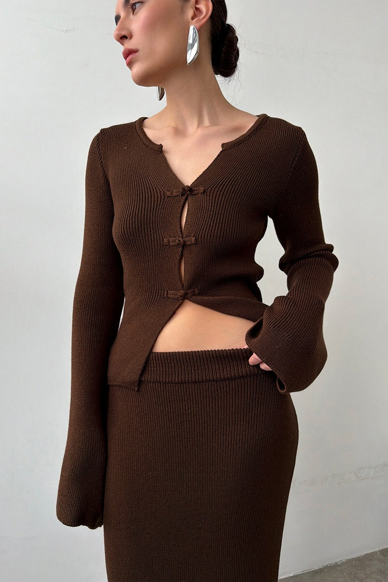 Frog Button Bell Sleeve Knit Maxi Skirt Set