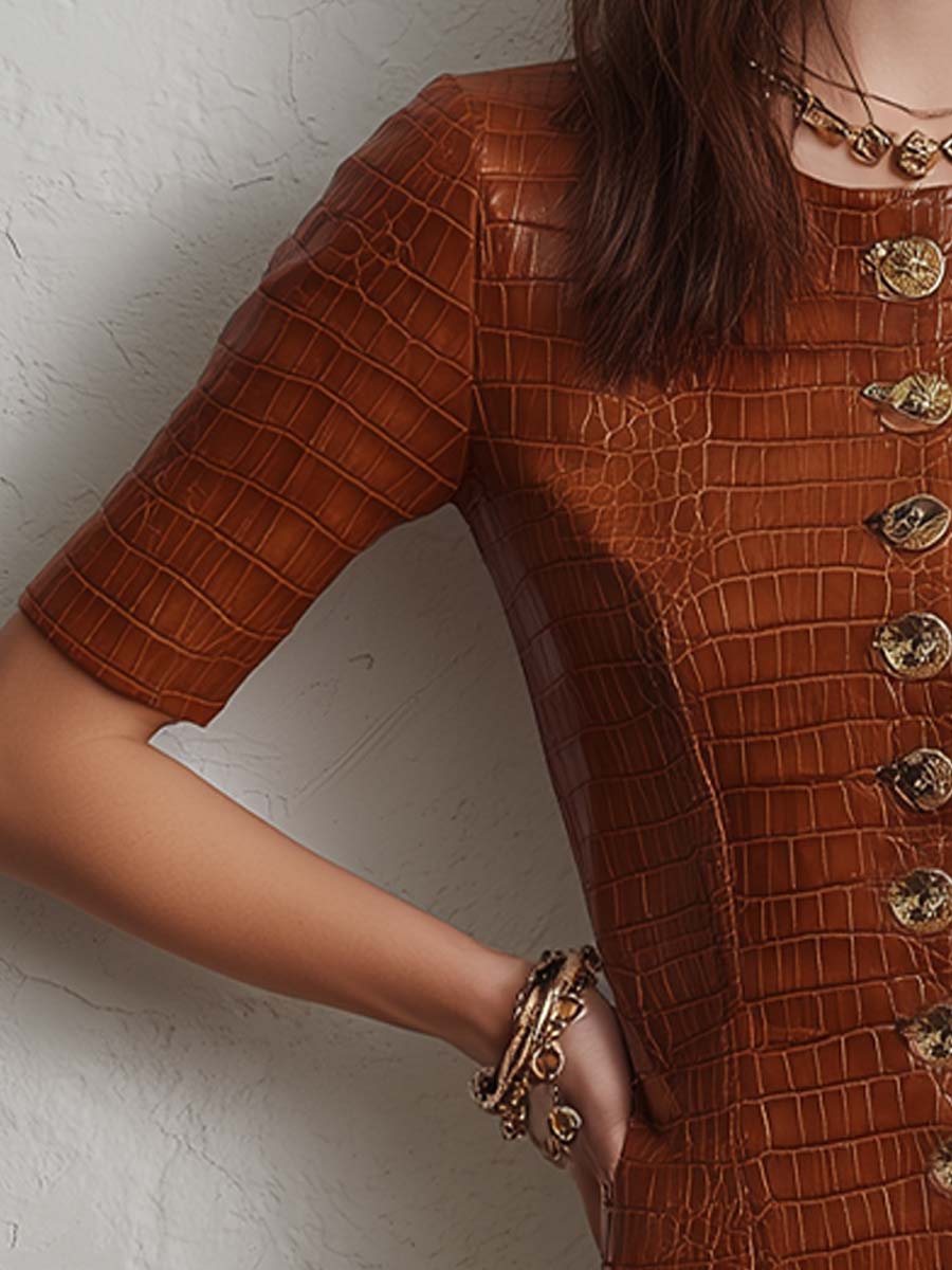 Caramel Croc-Embossed Faux Leather Midi Dress