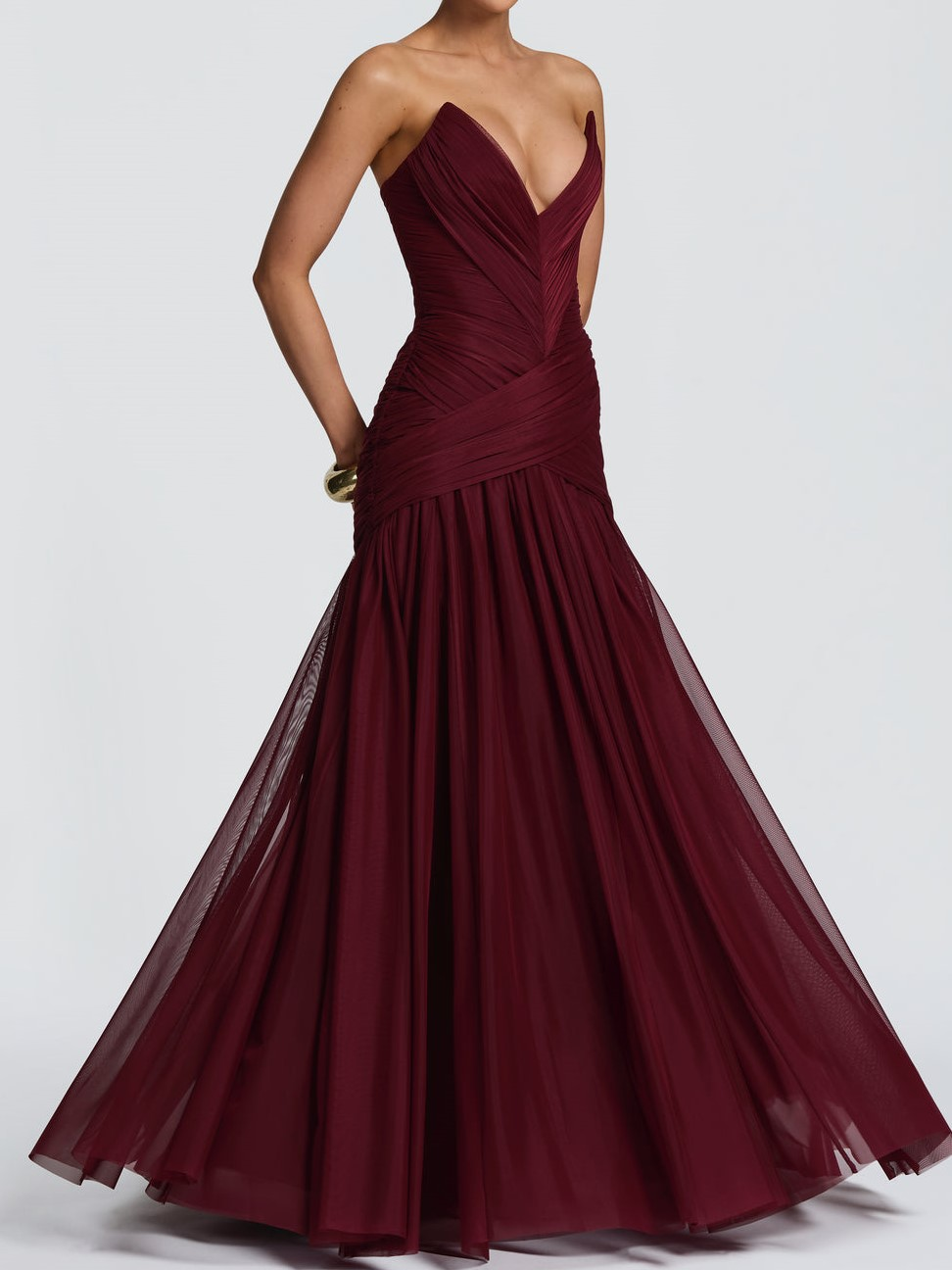 Burgundy Strapless Pleated Maxi Gown