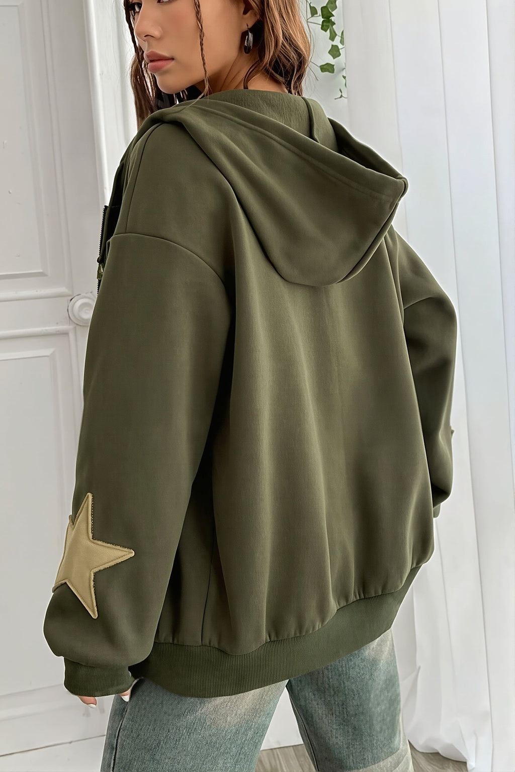 Star Contrast Oversize Zip Hoodie