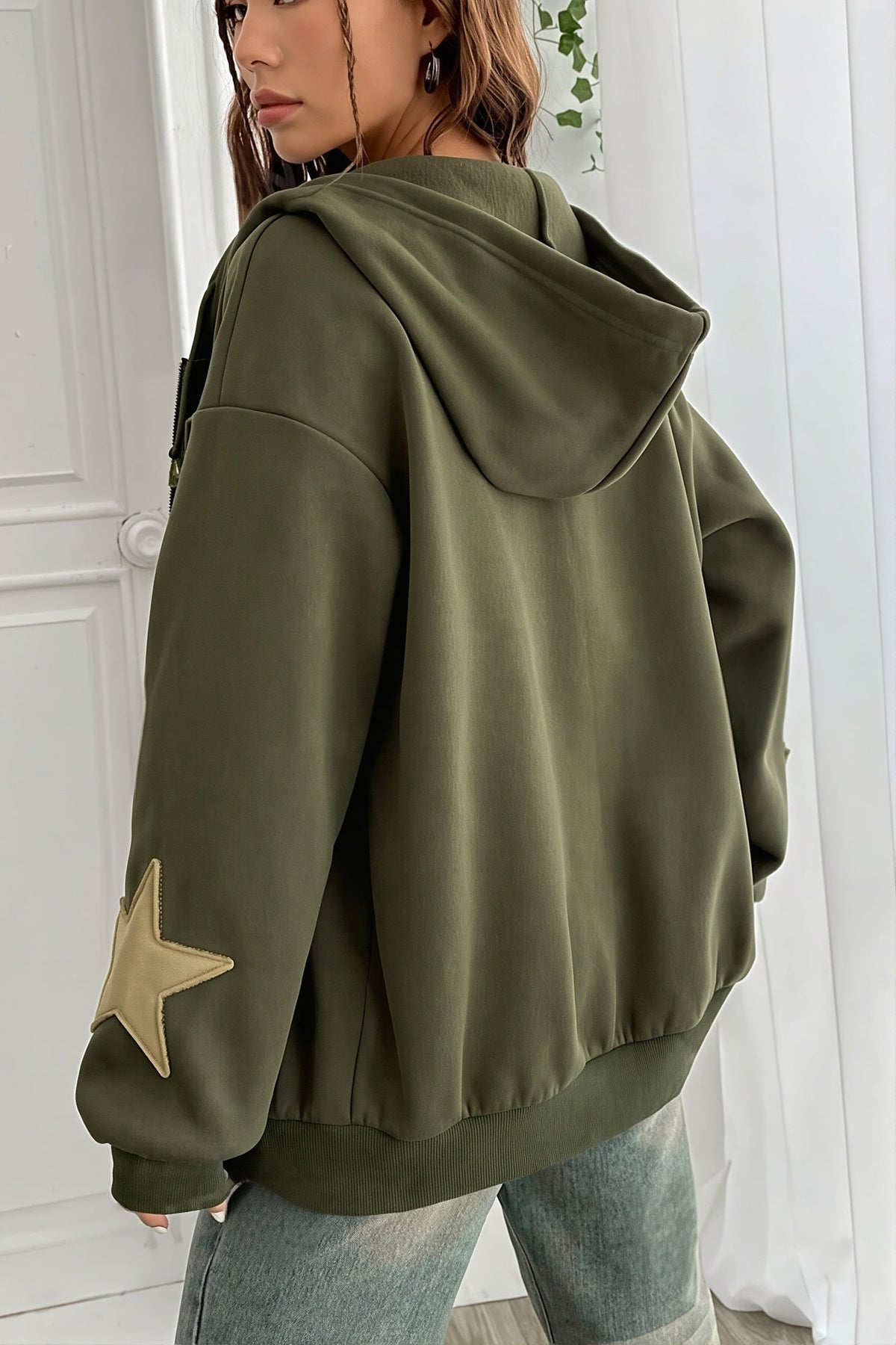 Star Contrast Oversize Zip Hoodie