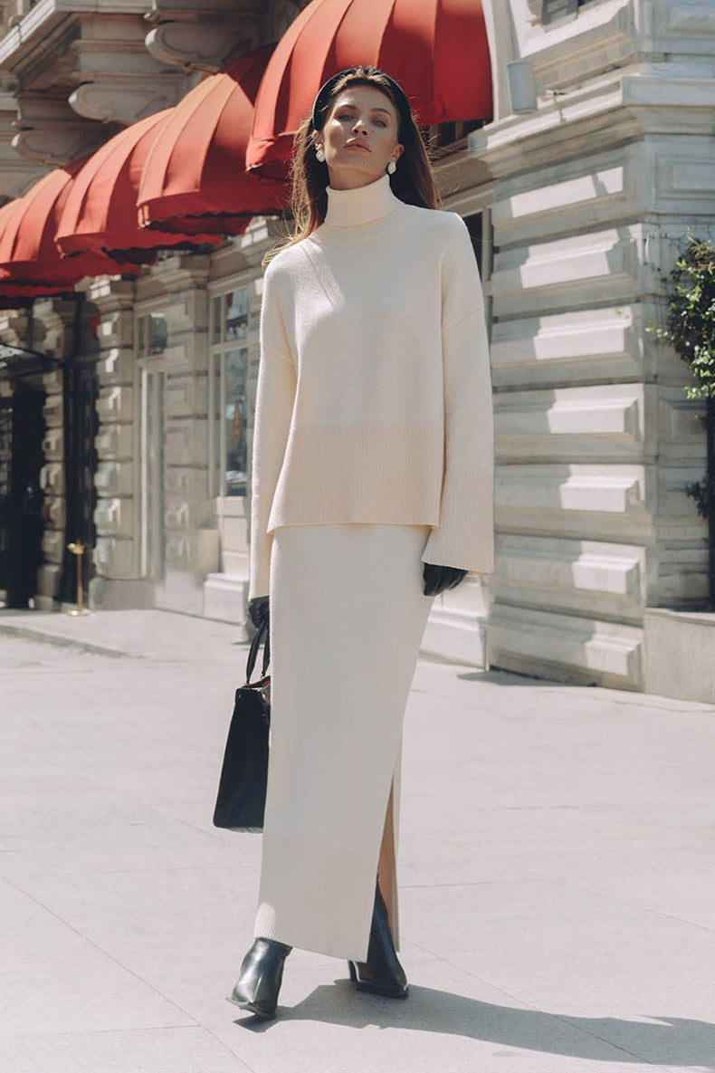 Relaxed Knit Sweater Slit Maxi Skirt Set