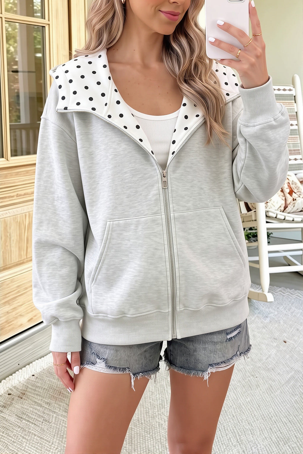 Polka Dot Lined Oversized Zip Hoodie