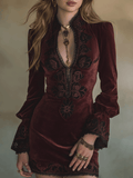 Vintage Burgundy Baroque Embroidered Velvet Deep-V Mini Dress