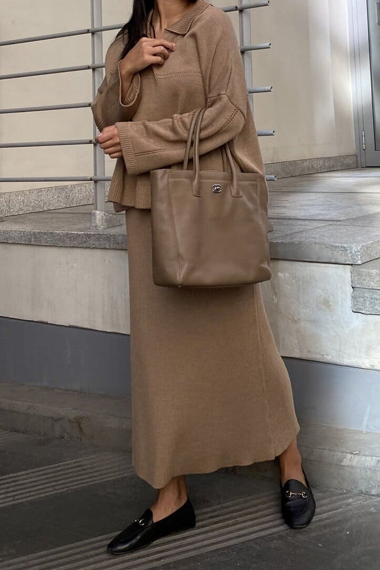 V Neck Sweater Midi Skirt Knit Set