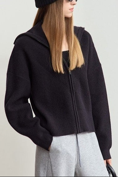Naval-Collar Zip Lazy-Style Thick Knit Cardigan