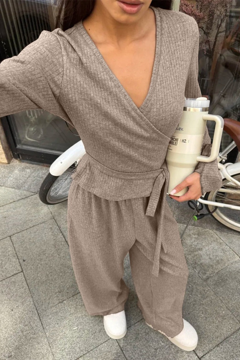 Ribbed V Neck Tie Top Wide Leg Pants Set
