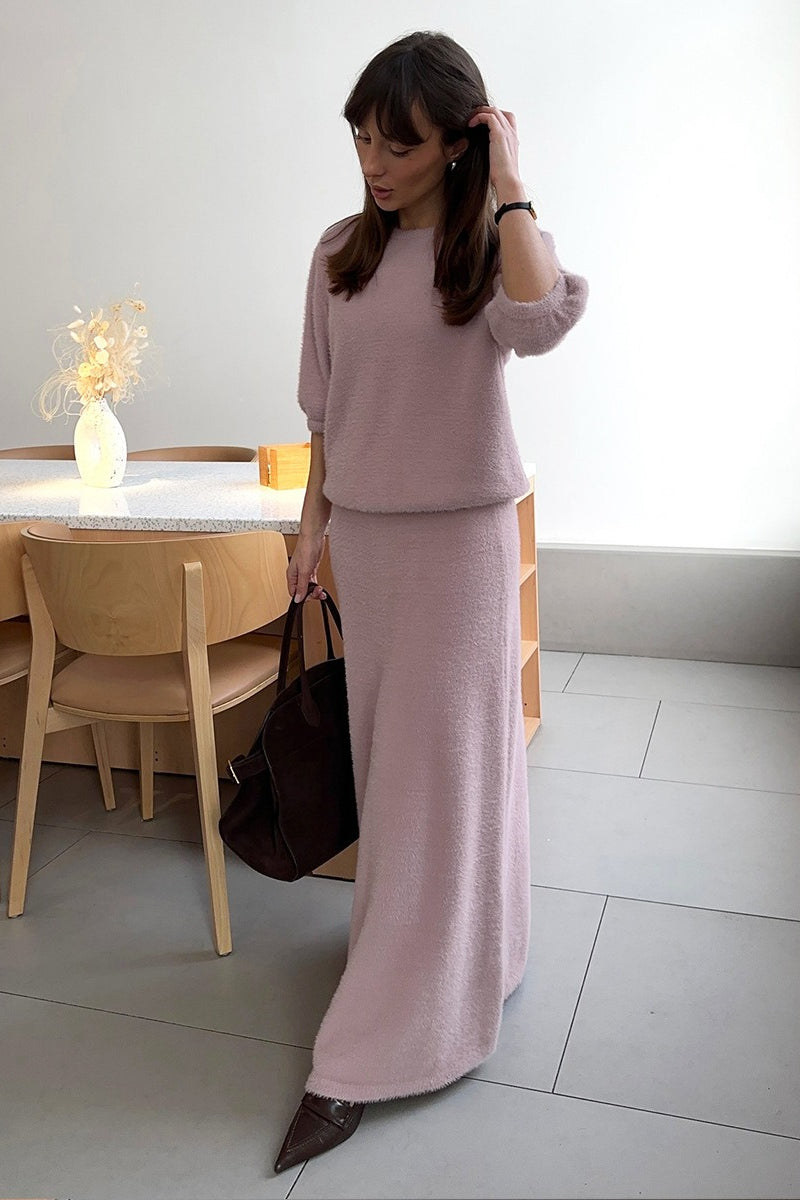 Elbow Sleeve Knit Top Maxi Skirt Set