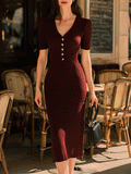 Elegant V-neck Burgundy Button Knit Midi Dress