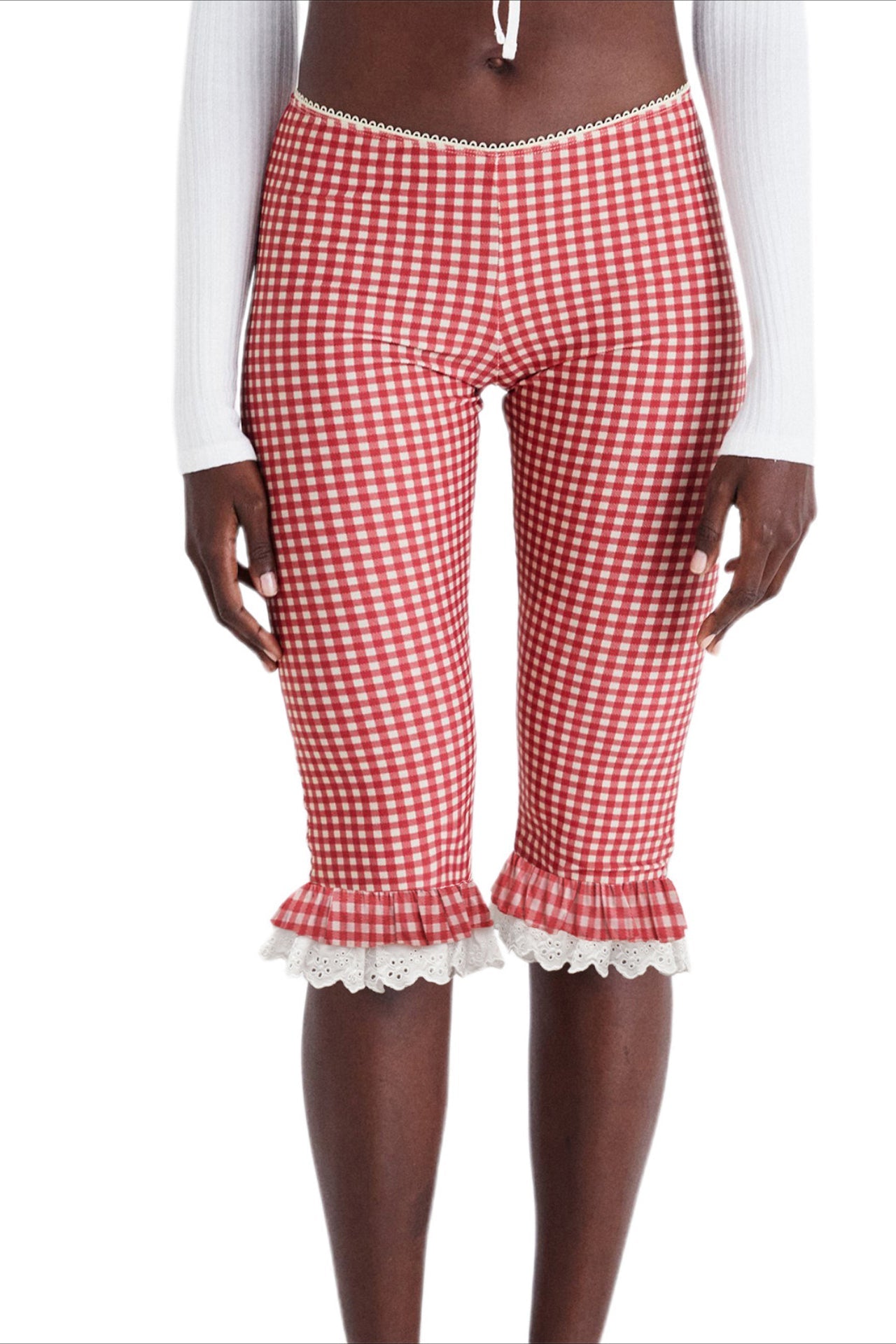 Plaid Lace Ruffle Cropped Skinny Pants
