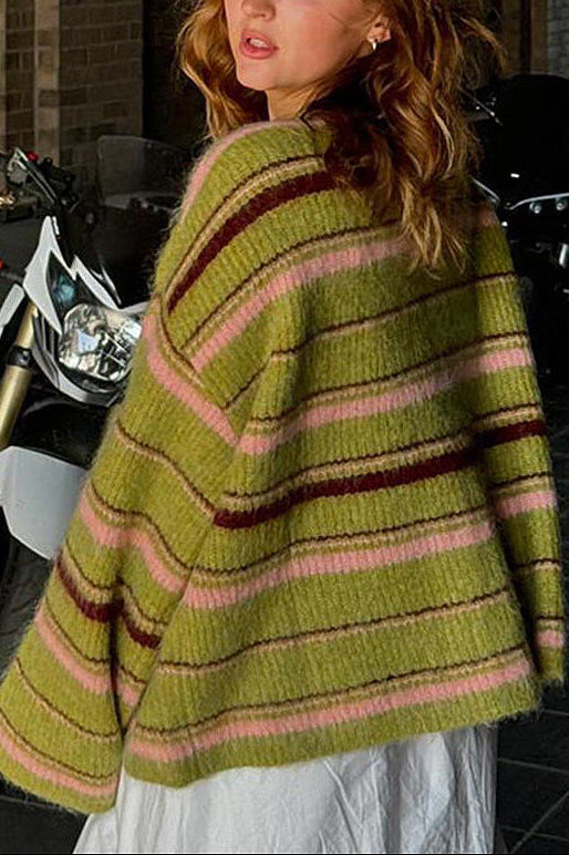 Striped Color Block Knit Loose Cardigan