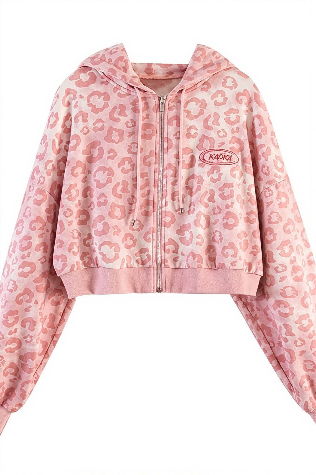 Pink Leopard Print Cropped Zip Hoodie