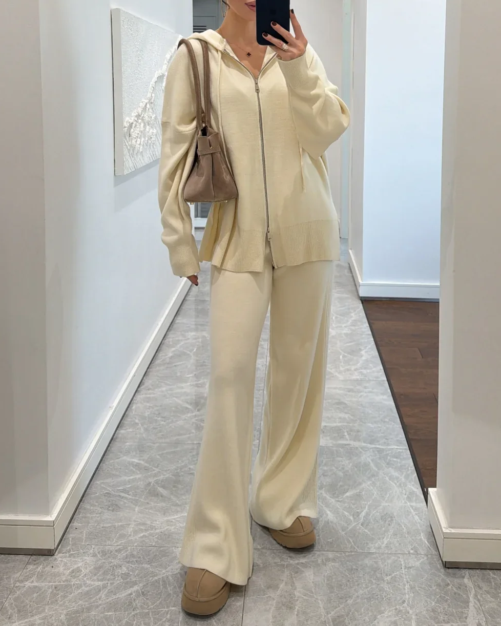 Knit Zip-Up Hoodie and Wide-Leg Pants Two-Piece Set