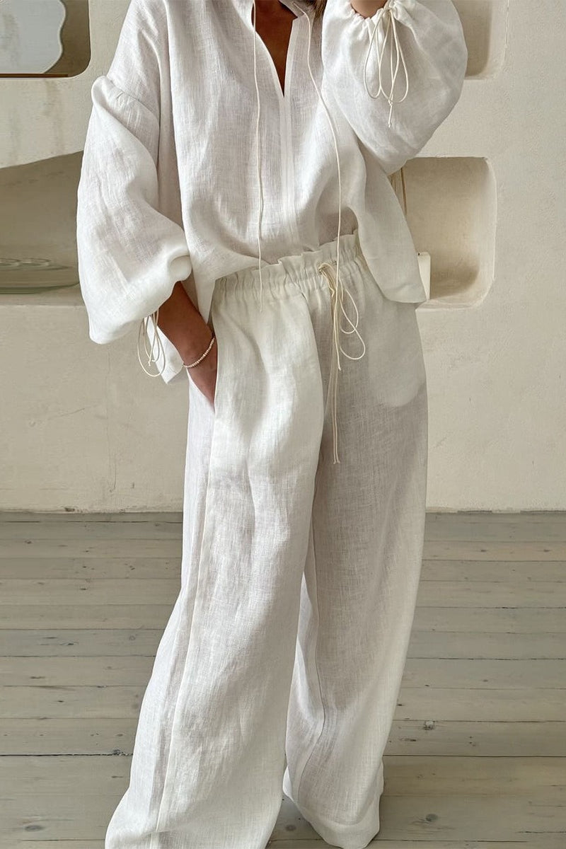 Tie Neck Balloon Sleeve Top Wide Leg Pants Set