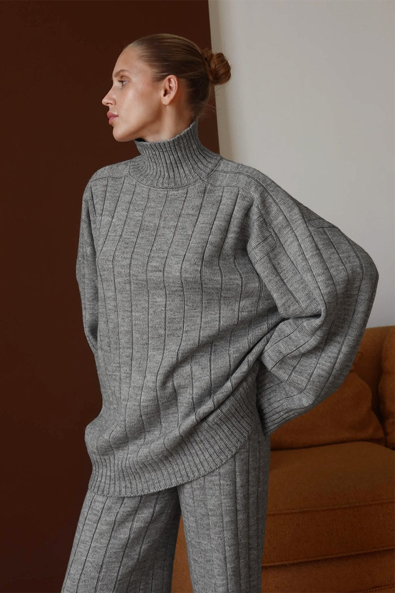 Ribbed Turtleneck Sweater Wide Leg Pants Set