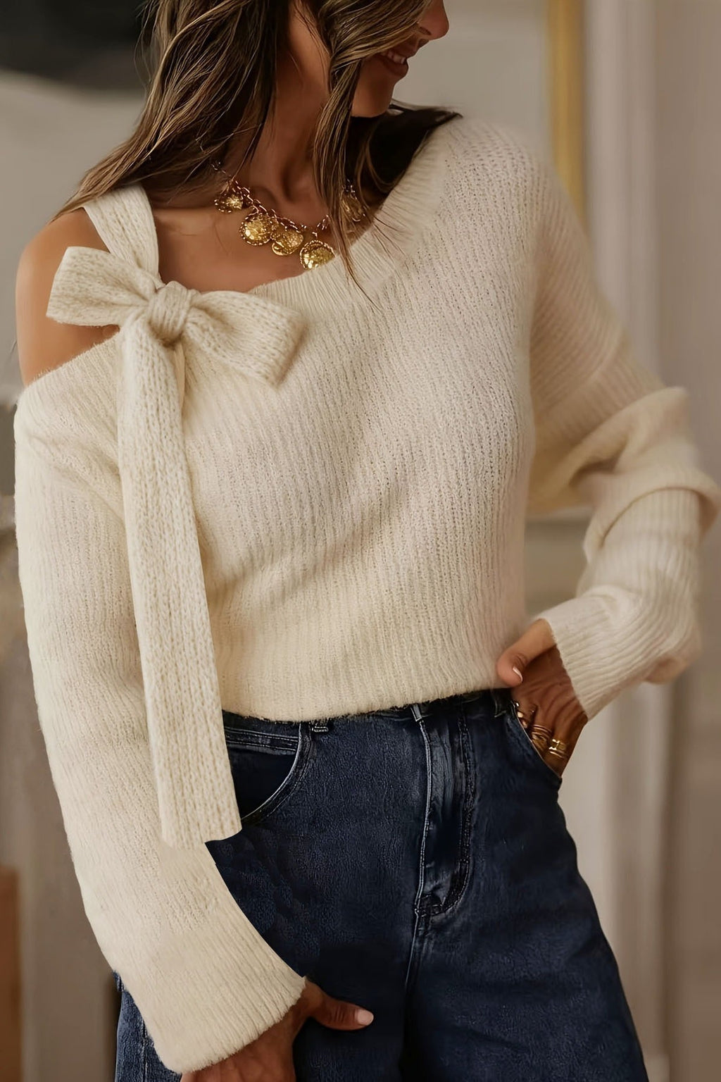 Tie Shoulder Cold Shoulder Sweater