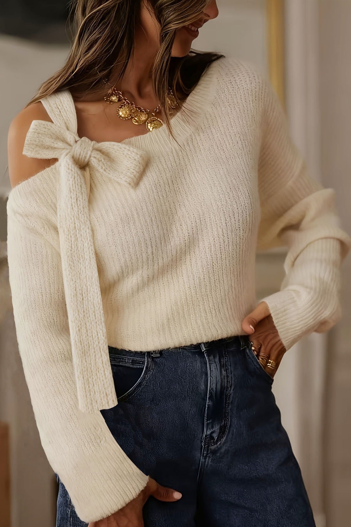 Tie Shoulder Cold Shoulder Sweater