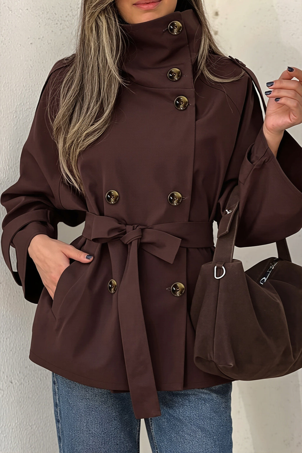 Shoulder Tie High Neck Belted Trench Coat