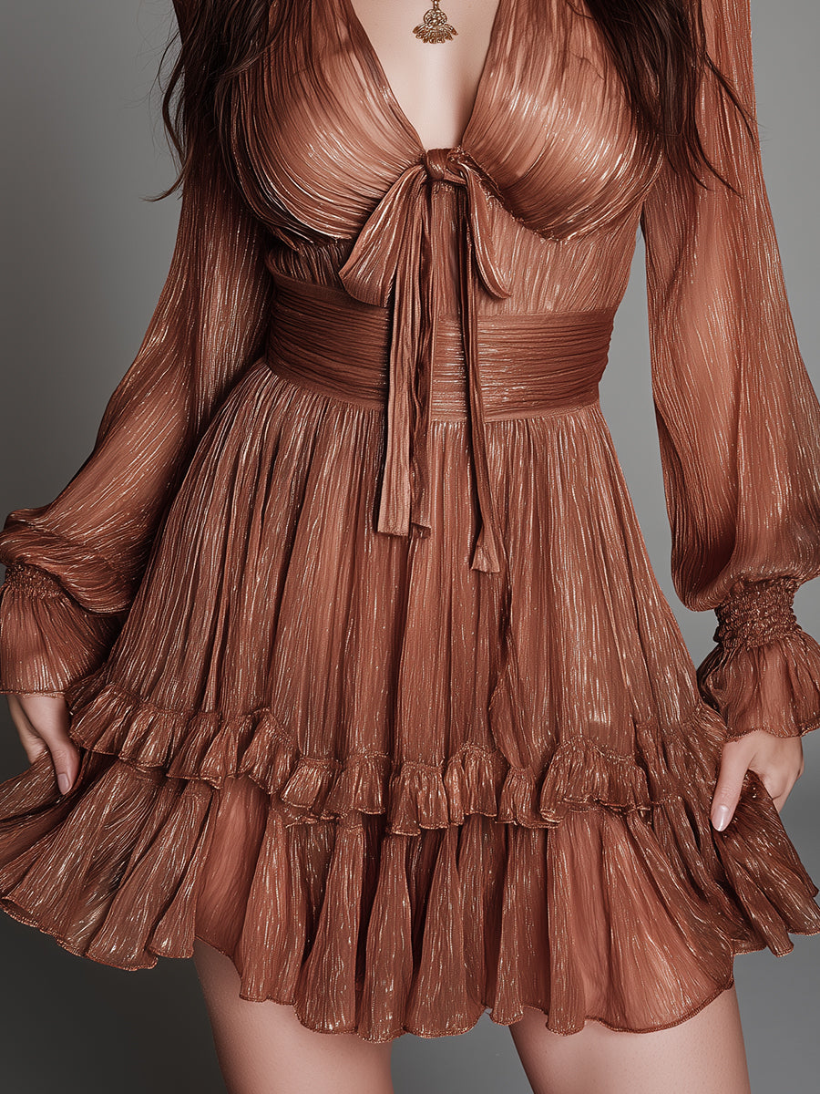 Bohemian Style Shimmering Chiffon Pleated Mini Dress With Ruffled Hem