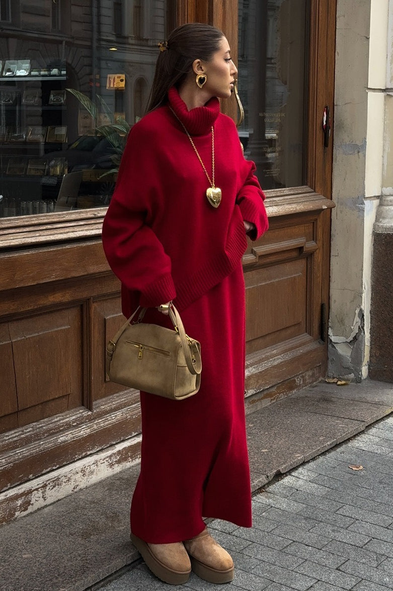 Turtleneck Oversized Sweater Maxi Skirt Set