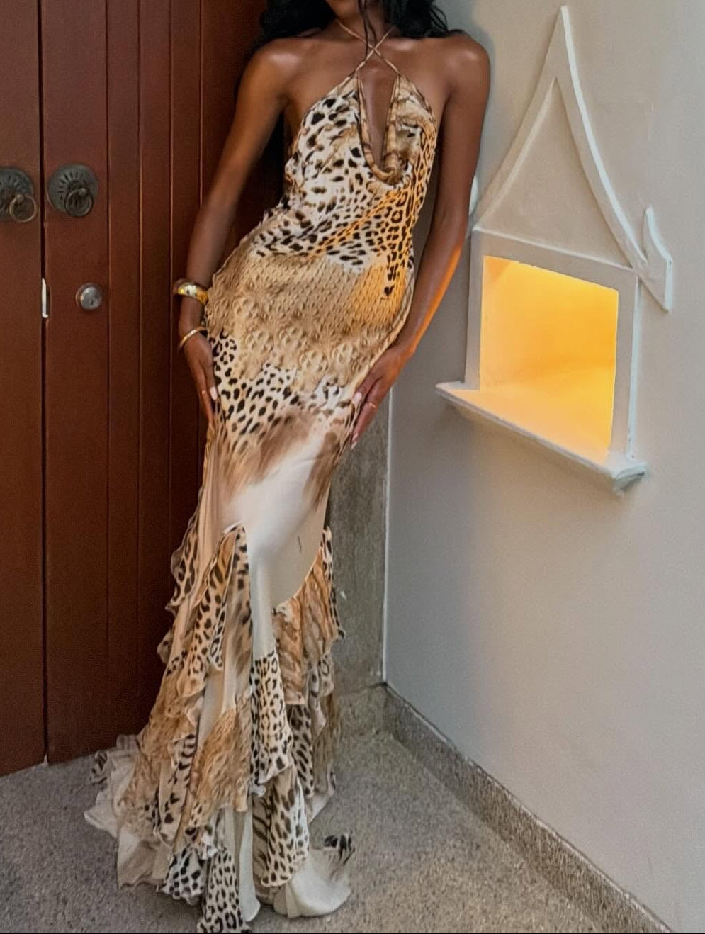 Vintage American Leopard Print Halter Backless Ruffle Mermaid Maxi Dress | Y2K Sexy Evening Gown