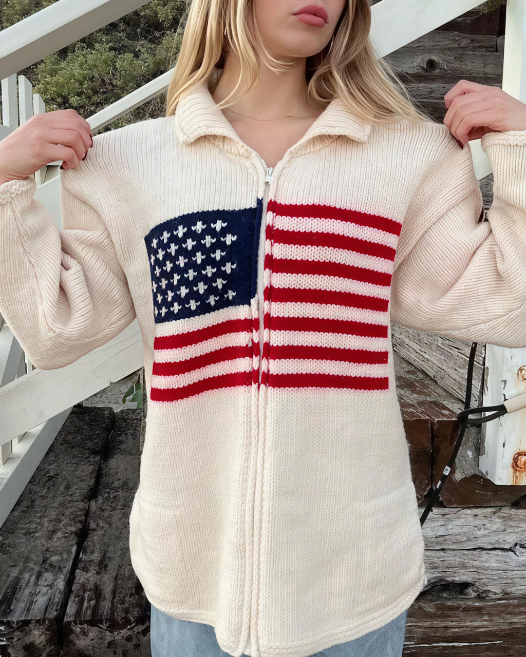 Warm Flag Print Stylish Knit Cardigan