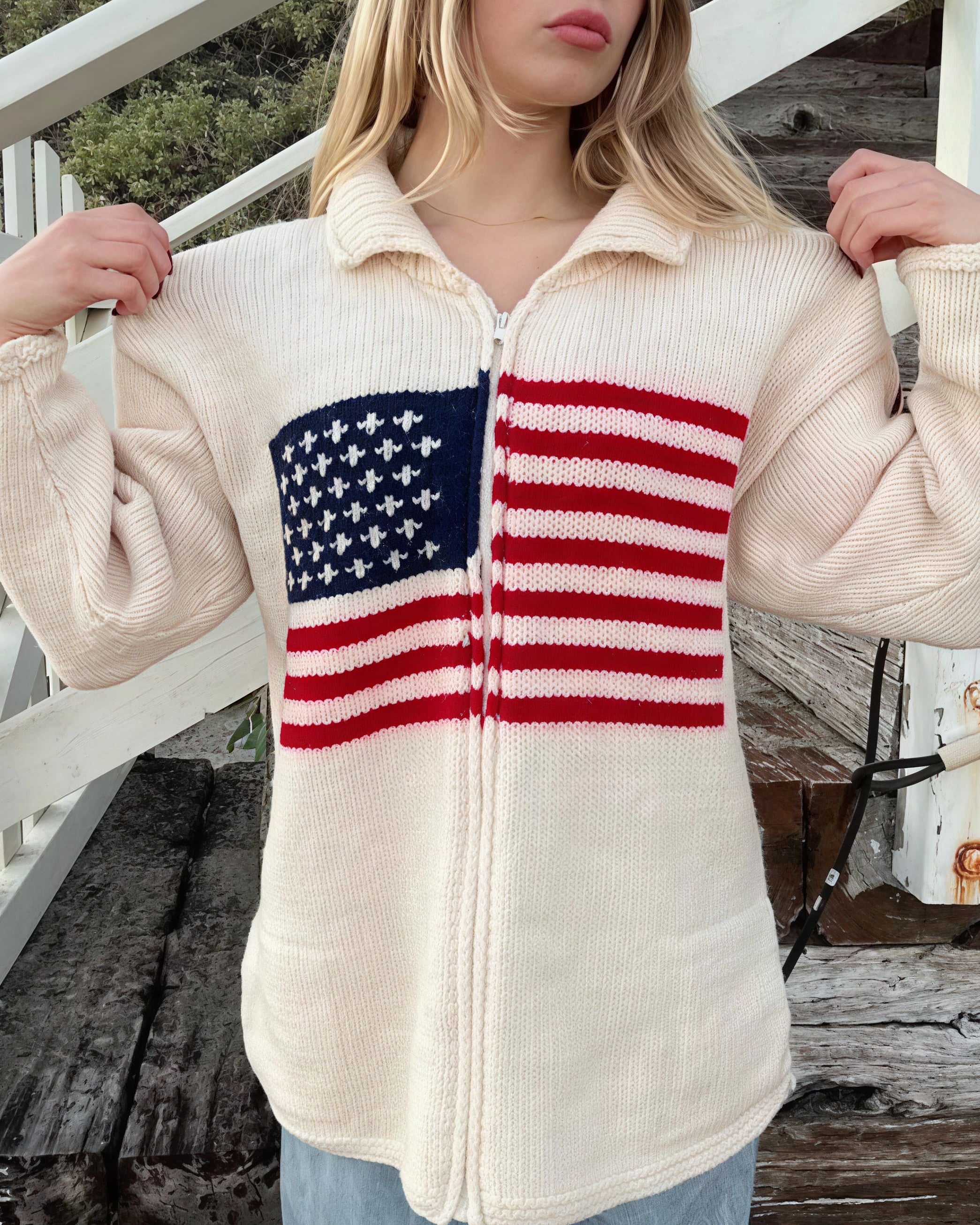 Warm Flag Print Stylish Knit Cardigan