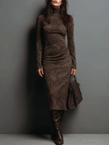 High Neck Long Sleeve Suede Midi Dress