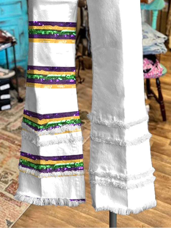 Retro Mardi Gras Purple Green And Gold Stripe Tassel Bell-Bottom
