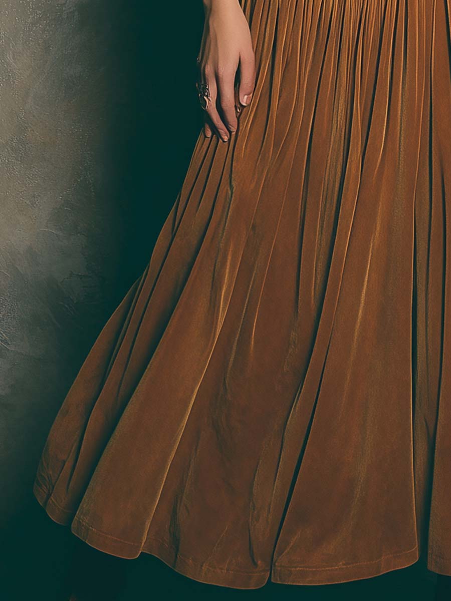 Spaghetti Strap Vintage Caramel Swan Maxi Dress