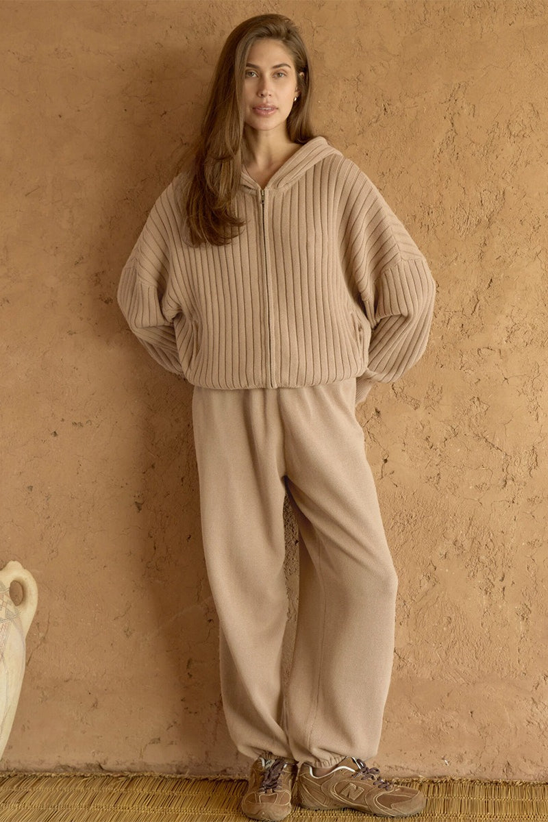 Ribbed Hooded Zip Sweater Harem Pants Set