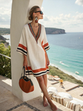 Cotton and linen women's V-neck short Dress