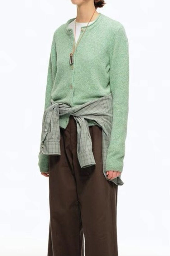 Green Wool Blend Crew Neck Knit Cardigan
