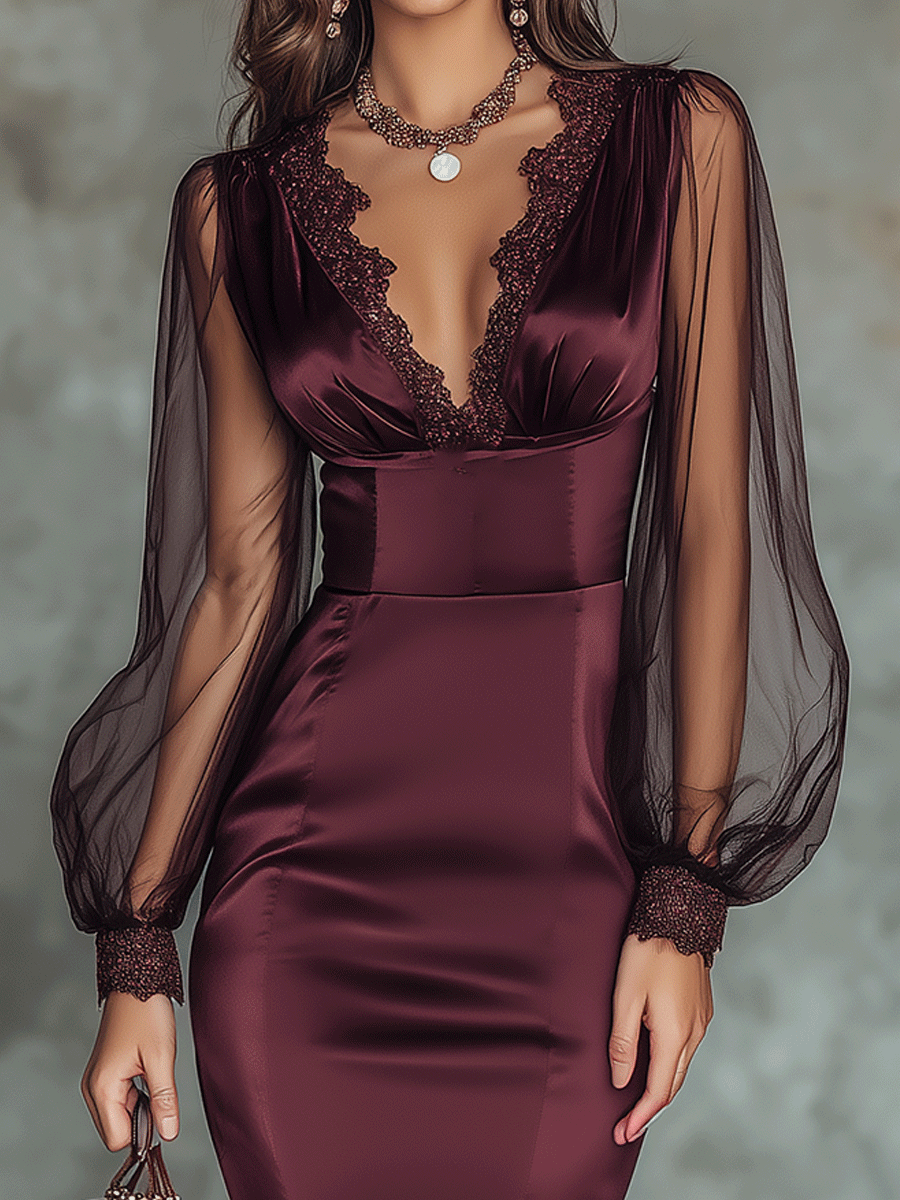 Elegant Wine Red Satin Sheer Balloon Sleeves Midi Dress