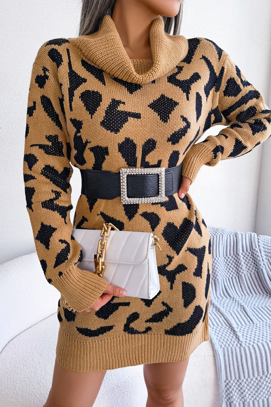 Leopard Turtleneck Sweater Dress