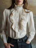 Vintage Cotton Blend Ruffle Placket Blouse