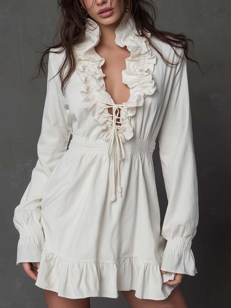 Romantic Ruffled Lace-Up Mini Dress