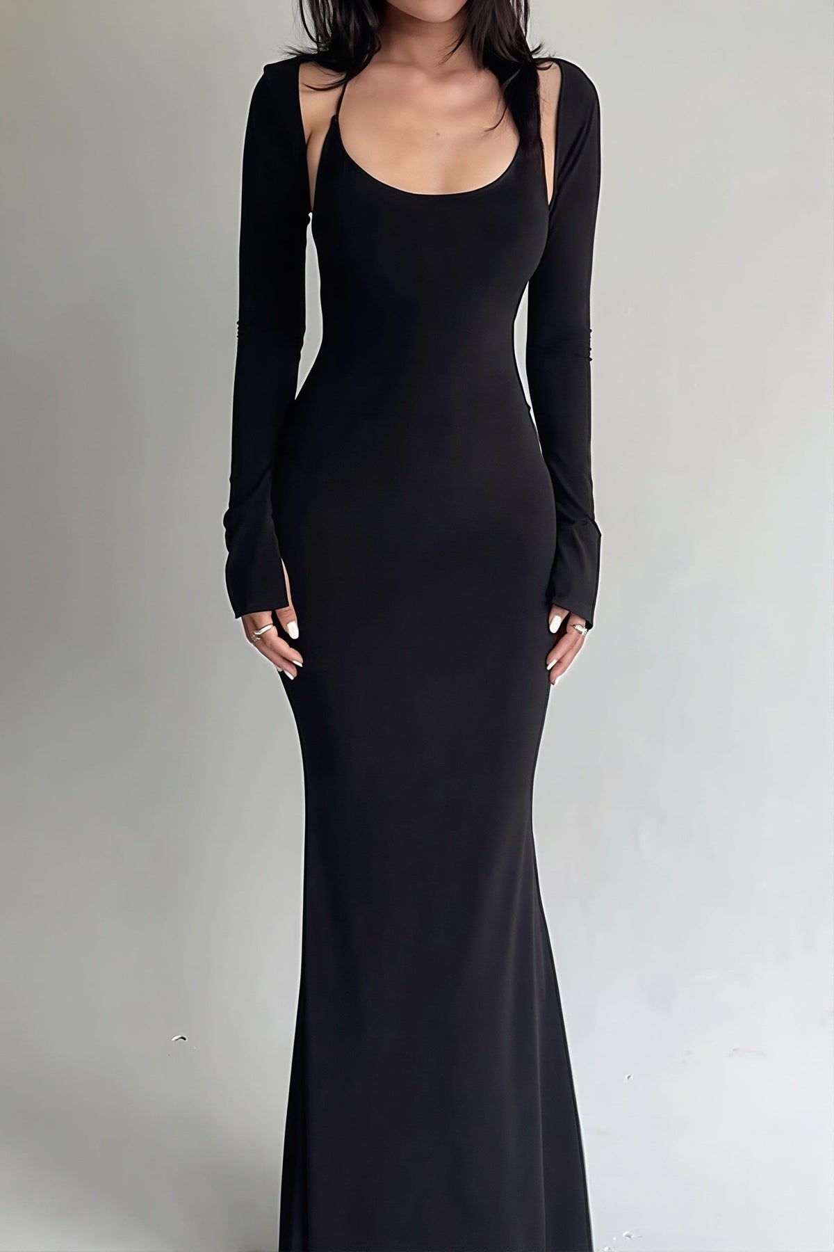 Open Back Overlay Sleeve Bodycon Maxi Dress