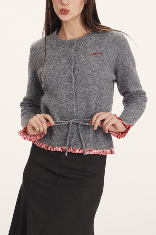 Panel-Design Waist-Cinched Slim Knit Cardigan