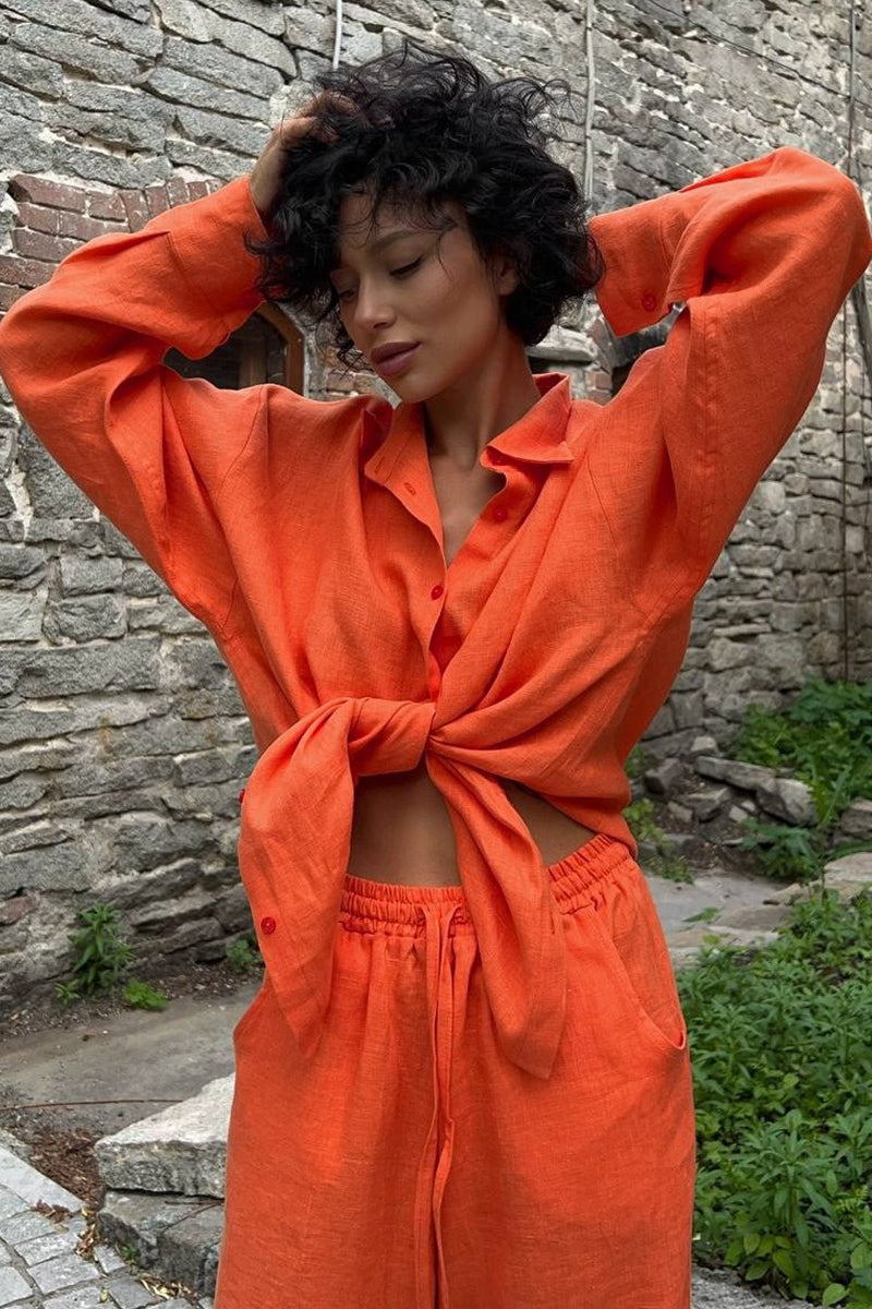 Oversized Cotton Shirt Wide Leg Pants Set