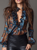 Baroque Print Satin Ruffle Blouse With V Front And Puff Sleeves