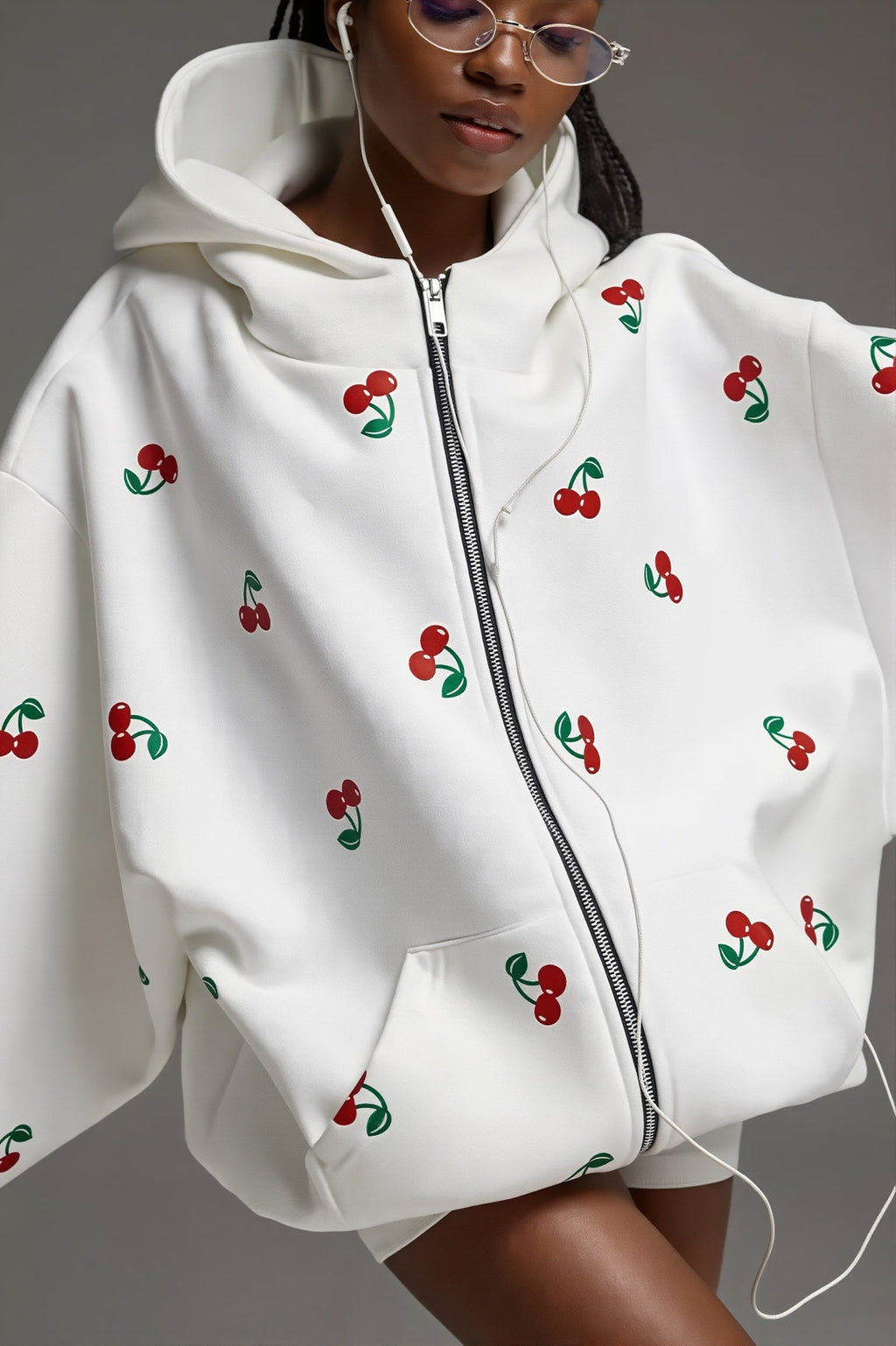 Cherry Print Oversized Zip Hoodie
