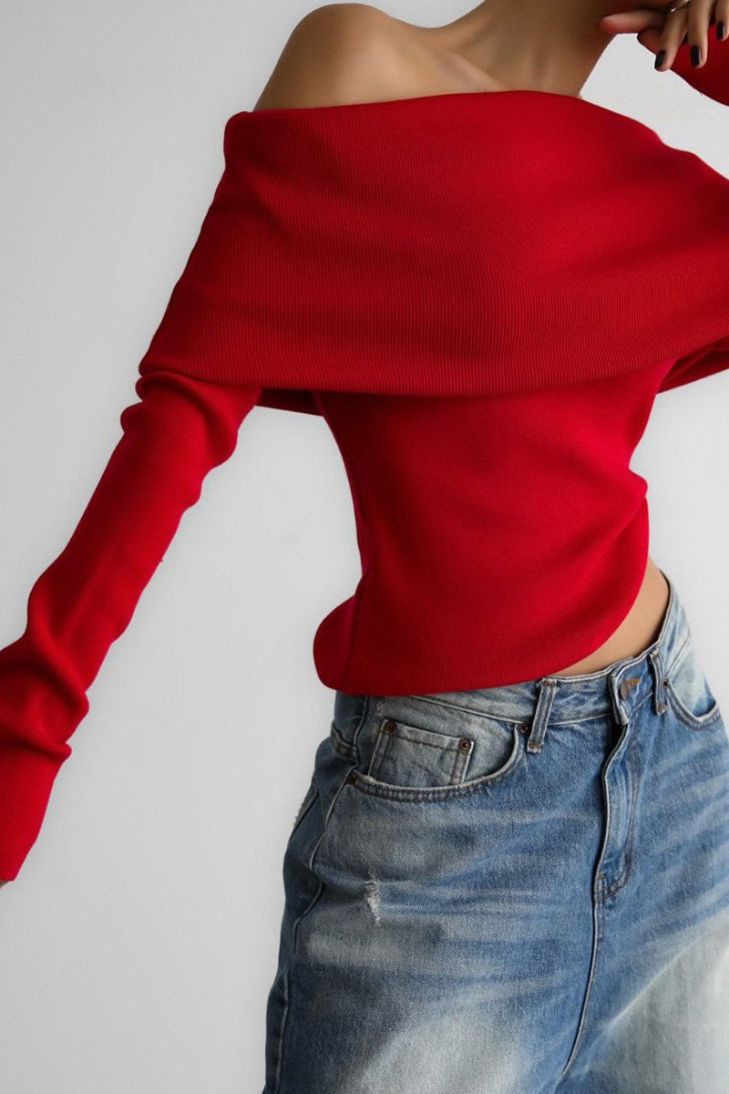 Off Shoulder Fitted Long Sleeve Knit Sweater