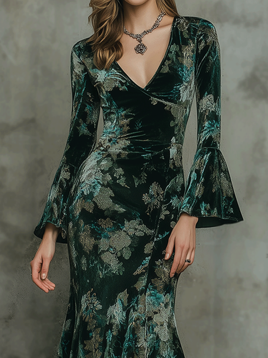 Vintage Emerald Floral Velvet With Flared Sleeves Midi Dress