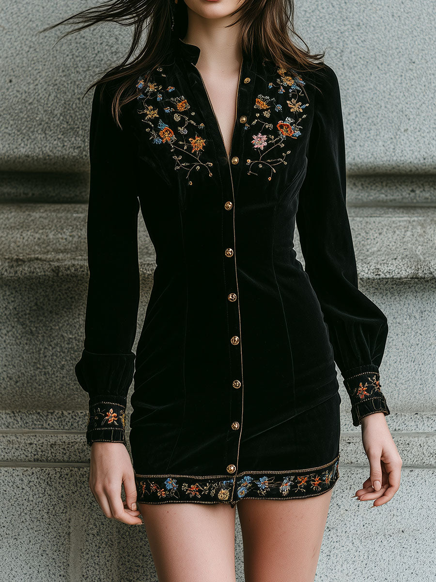 Timeless Boho Black Velvet Embroidered Mini Dress